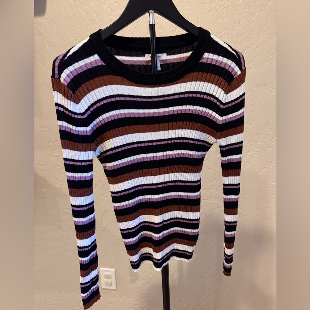 Nine West Striped Ribbed Knit Sweater in Black, Brown, White, Lavender